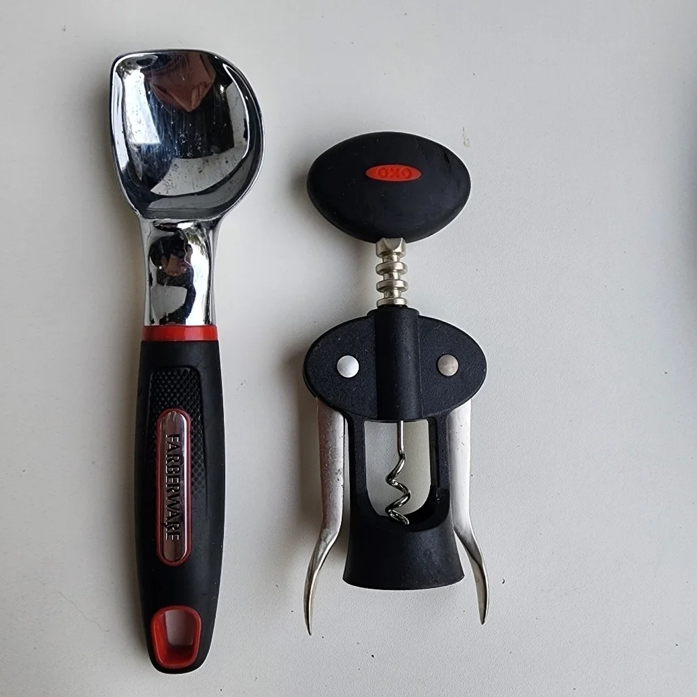 Lot Of 10 Black Kitchen Dining Utensil Assortment Wicker Wine Opener Grinder